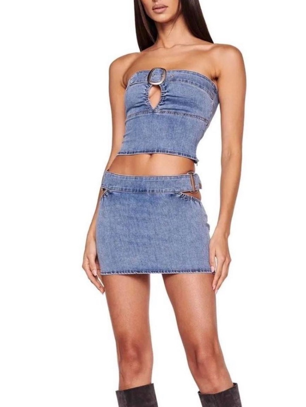 I.AM.GIA Drew Denim Strapless Buckle Corset Tube Top Blue S